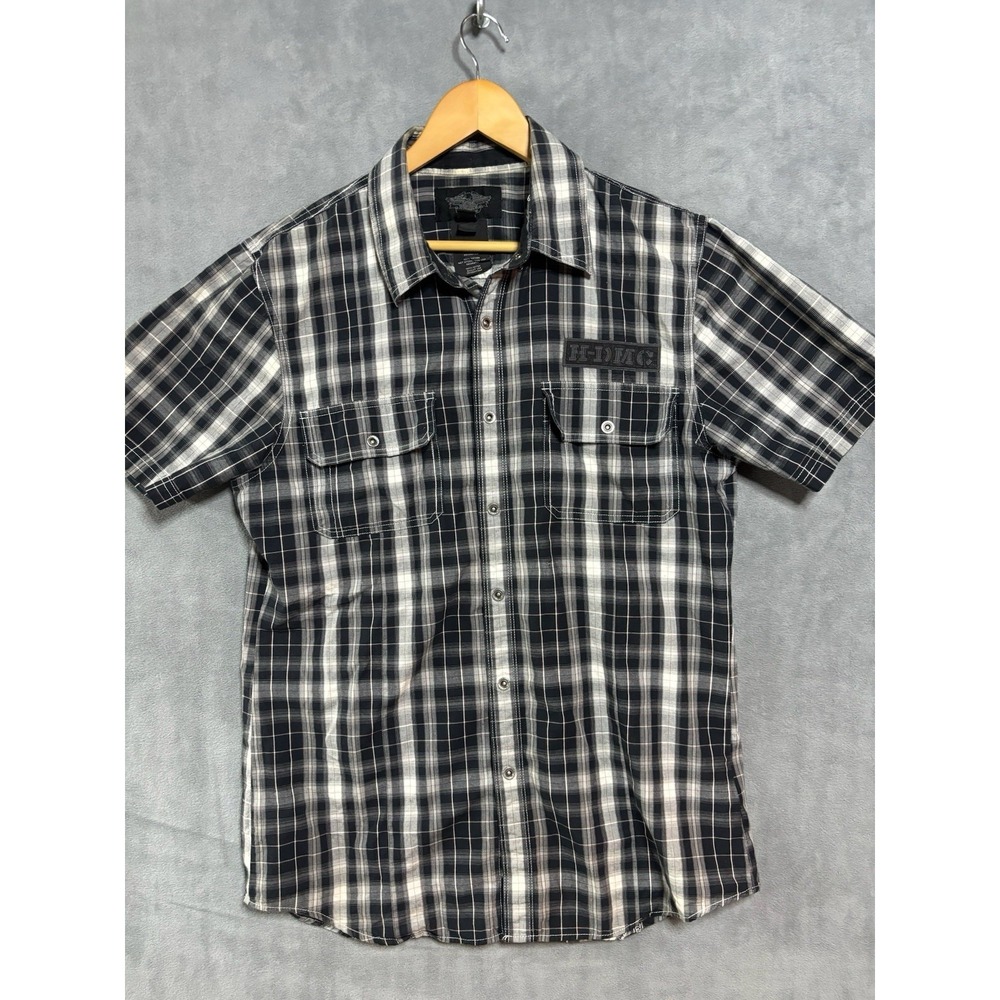 Harley Davidson Snap Button Plaid Shirt Short Sleeve HDMC Black L Biker